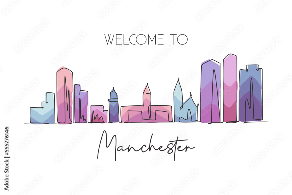 Obraz premium One single line drawing Manchester city skyline, New Hampshire. World historic town landscape. Best holiday destination postcard. Editable stroke trendy continuous line draw design vector illustration