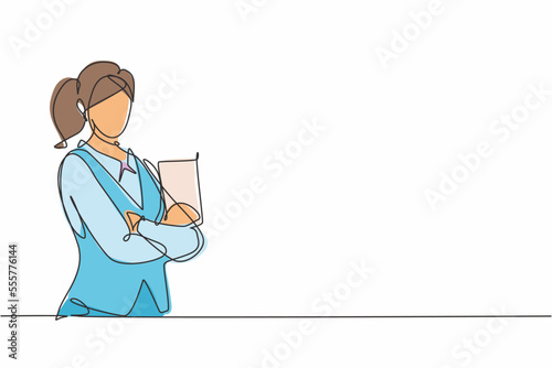 Continuous one line drawing young female waitress holding resto menu and posing cross arms on chest. Professional job profession minimalist concept. Single line draw design vector graphic illustration