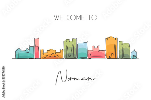 Single continuous line drawing of Norman city skyline, Oklahoma. Famous city scraper landscape. World travel home wall decor art poster print concept. Modern one line draw design vector illustration photo