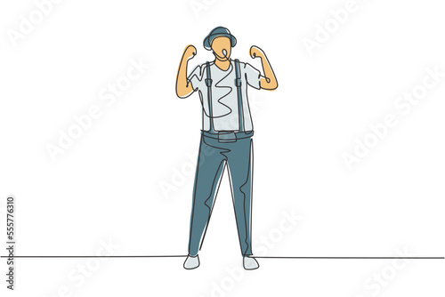 Continuous one line drawing mime artist stands with celebrate gesture and white face make-up makes audience laugh with silent comedy. Great show. Single line draw design vector graphic illustration
