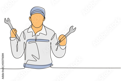Single one line drawing mechanic with celebrate gesture and holding wrench works to fix broken car engine in garage. Success business. Modern continuous line draw design graphic vector illustration