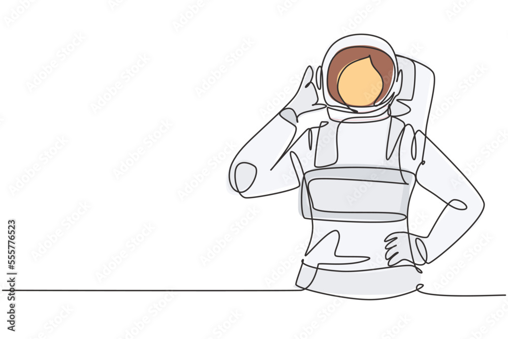 Single one line drawing female astronaut with call me gesture wearing spacesuits to explore outer space in search mysteries of universe. Modern continuous line draw design graphic vector illustration