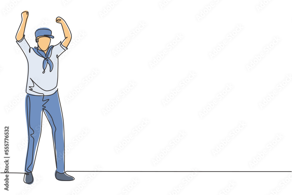 Single continuous line drawing sailor man stands with celebrate gesture and scarf join cruise ship carrying passengers traveling across seas. Dynamic one line draw graphic design vector illustration Single continuous line drawing sailor man stands with celebrate gesture and scarf join cruise ship carrying passengers traveling across seas. Dynamic one line draw graphic design vector illustration