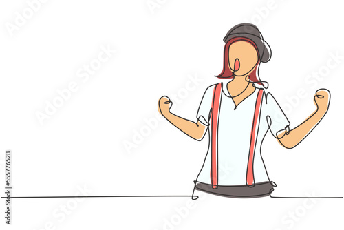 Continuous one line drawing female mime artist with celebrate gesture and white face make-up puts on a silent motion comedy show at circus arena. Single line draw design vector graphic illustration