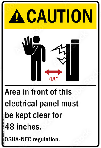 Electrical panel sign and labels keep away area in front of this electrical panel must be kept clear
