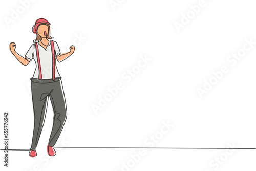 Single continuous line drawing female mime artist stands with celebrate gesture and white face make-up makes audience laugh with silent comedy. Dynamic one line draw graphic design vector illustration
