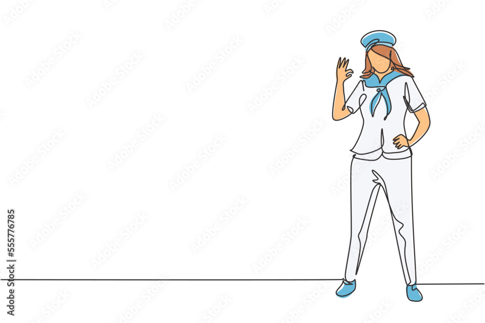 Continuous one line drawing sailor woman stands with gesture okay and scarf around his neck join cruise ship carrying passengers traveling seas. Single line draw design vector graphic illustration