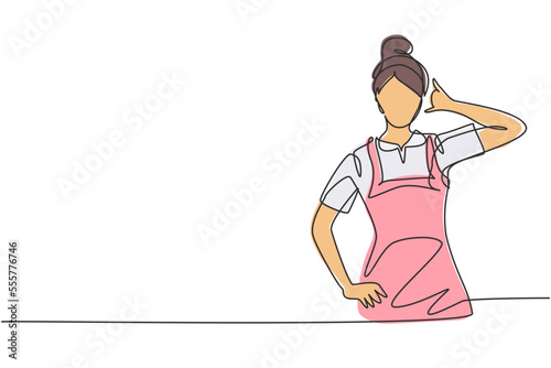 Single one line drawing maid in hotel with call me gesture and in neat uniform. Tidying up messy bed in hotel room. Professional person. Modern continuous line draw design graphic vector illustration