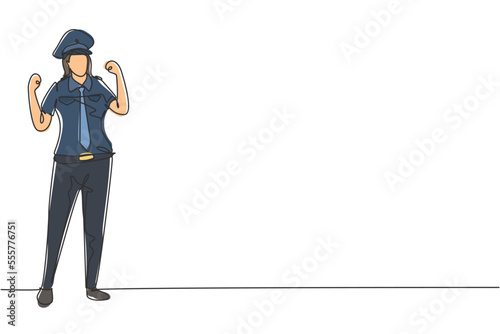 Single one line drawing female pilot stands with celebrate gesture and complete uniform serves airplane passengers fly to destination. Modern continuous line draw design graphic vector illustration