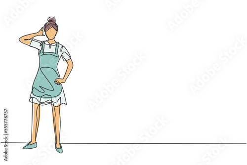 Single continuous line drawing maid in hotel stood with one hand on waist and the other with call me gesture. Working with great hospitality. Dynamic one line draw graphic design vector illustration