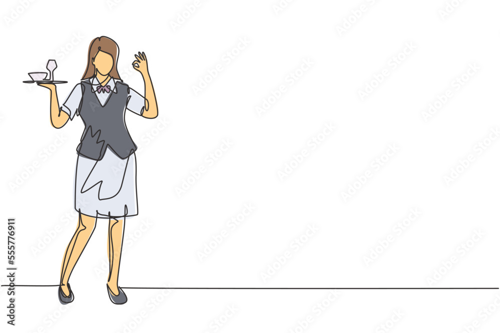 Continuous one line drawing waitress stood up with gesture okay and brought tray of drinking glasses to offer restaurant guests. Professional job. Single line draw design vector graphic illustration Continuous one line drawing waitress stood up with gesture okay and brought tray of drinking glasses to offer restaurant guests. Professional job. Single line draw design vector graphic illustration