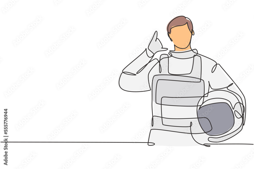 Single continuous line drawing astronaut with call me gesture wearing spacesuits to explore outer space in search mysteries of universe. Great job. One line draw graphic design vector illustration