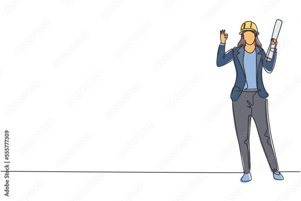 Continuous one line drawing female architect stood with gesture okay and wearing helmet carrying blueprint for building's work plan. Success job. Single line draw design vector graphic illustration Continuous one line drawing female architect stood with gesture okay and wearing helmet carrying blueprint for building's work plan. Success job. Single line draw design vector graphic illustration