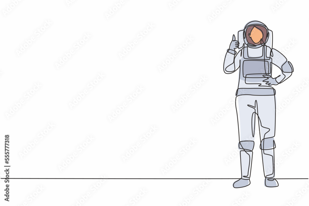 Single continuous line drawing female astronaut stands with thumbs-up gesture wearing space suit exploring earth, moon, other planets in the universe. One line draw graphic design vector illustration Single continuous line drawing female astronaut stands with thumbs-up gesture wearing space suit exploring earth, moon, other planets in the universe. One line draw graphic design vector illustration