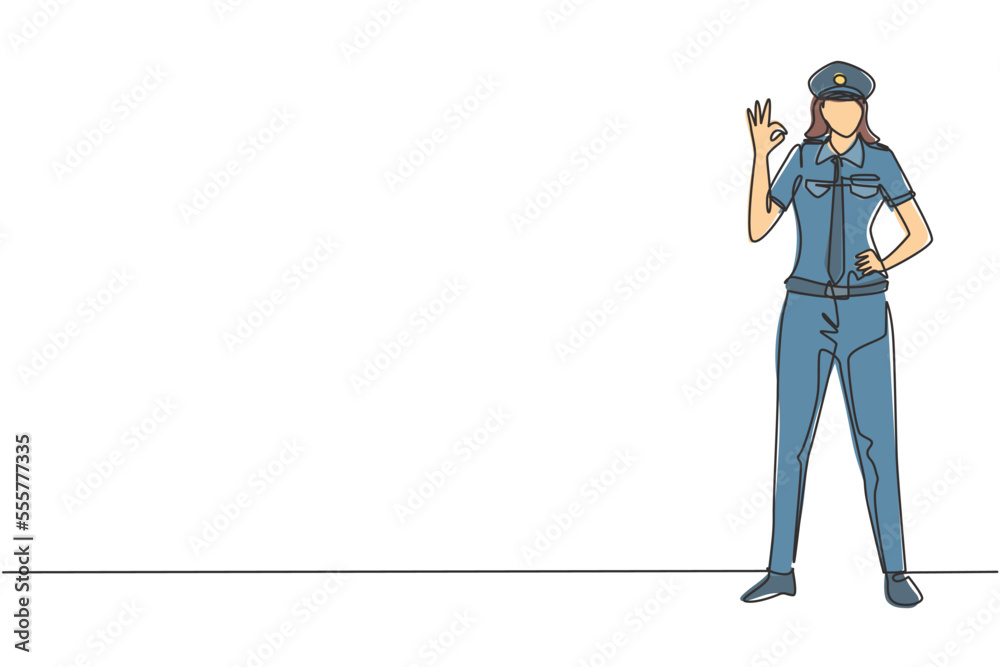 Single one line drawing of female pilot stands with gesture okay and complete uniform serves airplane passengers fly to destination. Modern continuous line draw design graphic vector illustration Single one line drawing of female pilot stands with gesture okay and complete uniform serves airplane passengers fly to destination. Modern continuous line draw design graphic vector illustration