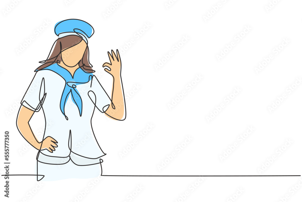 Single one line drawing sailor woman with gesture okay and scarf around his neck ready sail across seas in a ship headed by captain. Modern continuous line draw design graphic vector illustration Single one line drawing sailor woman with gesture okay and scarf around his neck ready sail across seas in a ship headed by captain. Modern continuous line draw design graphic vector illustration