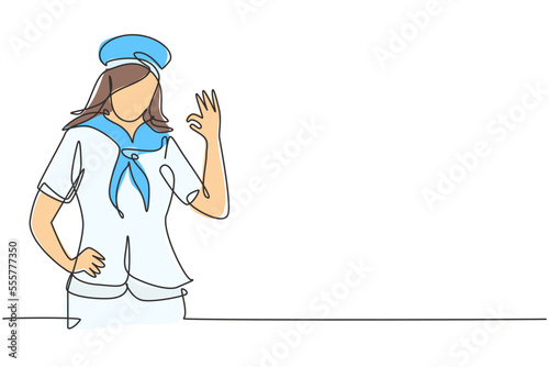 Single one line drawing sailor woman with gesture okay and scarf around his neck ready sail across seas in a ship headed by captain. Modern continuous line draw design graphic vector illustration