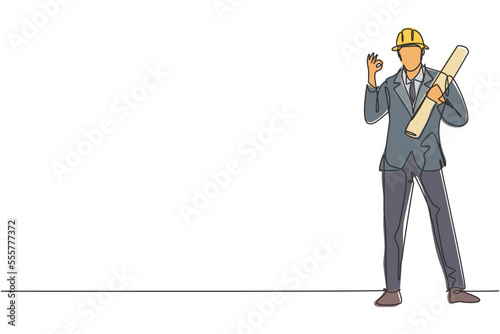 Continuous one line drawing architect stood with gesture okay and wearing helmet carrying blueprint for the building's work plan. Success business. Single line draw design vector graphic illustration