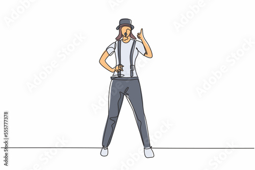Continuous one line drawing female mime artist stands with a thumbs-up gesture and white face make-up makes audience laugh with silent comedy. Single line draw design vector graphic illustration