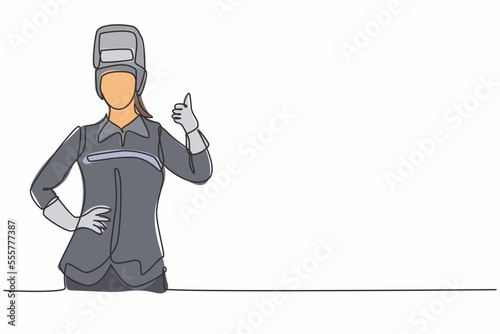 Single continuous line drawing female welder with a thumb-up gesture works in the construction of a building forming a steel frame melted by fire. One line draw graphic design vector illustration