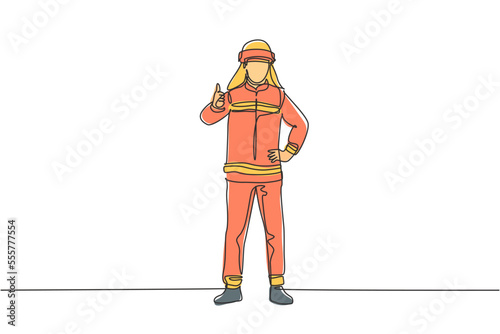 Single one line drawing of firefighters stood wearing helmets and uniforms complete with a thumbs-up gesture to work to extinguish the fire. Continuous line draw design graphic vector illustration.