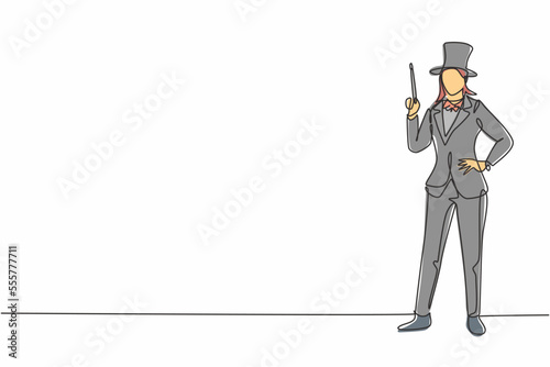 Single continuous line drawing young beauty female magician holding magic wand with hands on hip. Professional work job occupation. Minimalism concept one line draw graphic design vector illustration