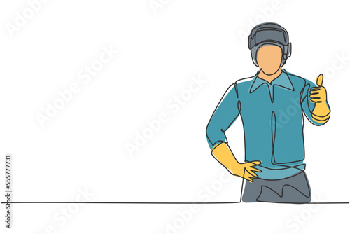 Single one line drawing of welder with a thumb-up gesture works in the construction of a building forming a steel frame that is melted by fire. Continuous line draw design graphic vector illustration.