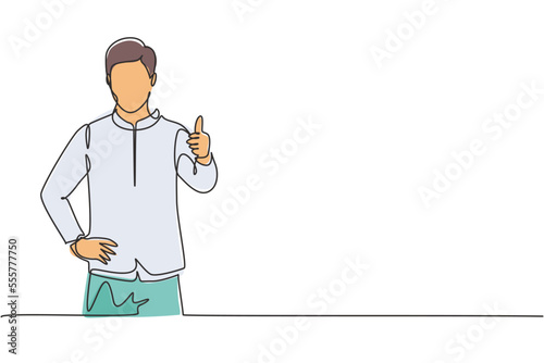 Single one line drawing of hotel doorman in a very neat uniform poses with a thumbs up. Serve guests with a friendly and warm manner. Modern continuous line draw design graphic vector illustration.