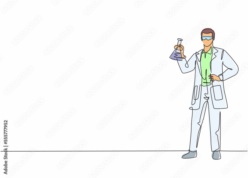 Continuous one line drawing of young male scientist holding flask contain illness vaccine formula. Professional job profession minimalist concept. Single line draw design vector graphic illustration