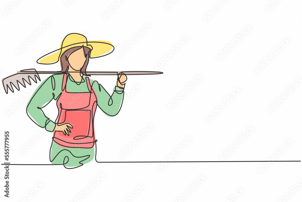 Single one line drawing young female farmer holding fork posing with hands on hip. Professional work profession and occupation minimal concept. Continuous line draw design graphic vector illustration Single one line drawing young female farmer holding fork posing with hands on hip. Professional work profession and occupation minimal concept. Continuous line draw design graphic vector illustration