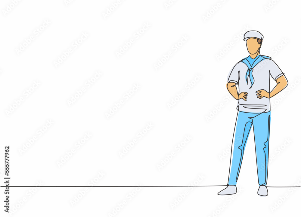 Single continuous line drawing of young handsome sailor man pose standing on cruise ship. Professional work job occupation. Minimalism concept one line draw graphic design vector illustration Single continuous line drawing of young handsome sailor man pose standing on cruise ship. Professional work job occupation. Minimalism concept one line draw graphic design vector illustration