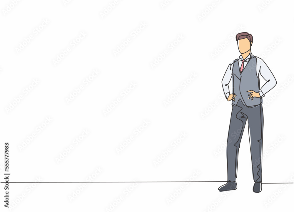 Single one line drawing of young male flight attendant pose standing at airplane. Professional work profession and occupation minimal concept. Continuous line draw design graphic vector illustration Single one line drawing of young male flight attendant pose standing at airplane. Professional work profession and occupation minimal concept. Continuous line draw design graphic vector illustration