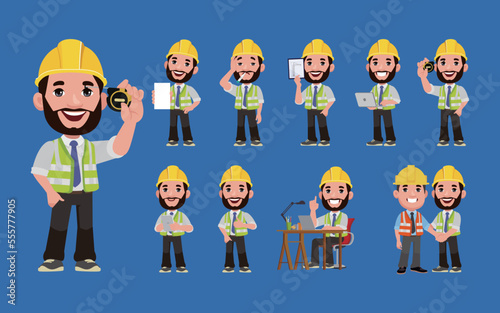 Set of flat engineer with different poses