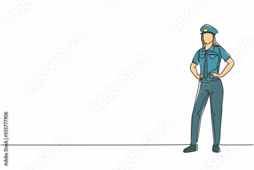 Continuous one line drawing of young beautiful female police on uniform standing with hands on hip. Professional job profession minimalist concept. Single line draw design vector graphic illustration