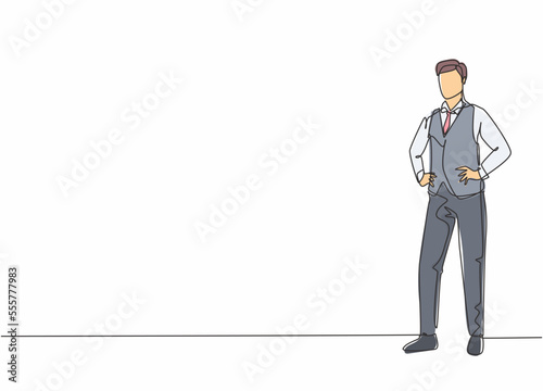 Single one line drawing of young male flight attendant pose standing at airplane. Professional work profession and occupation minimal concept. Continuous line draw design graphic vector illustration