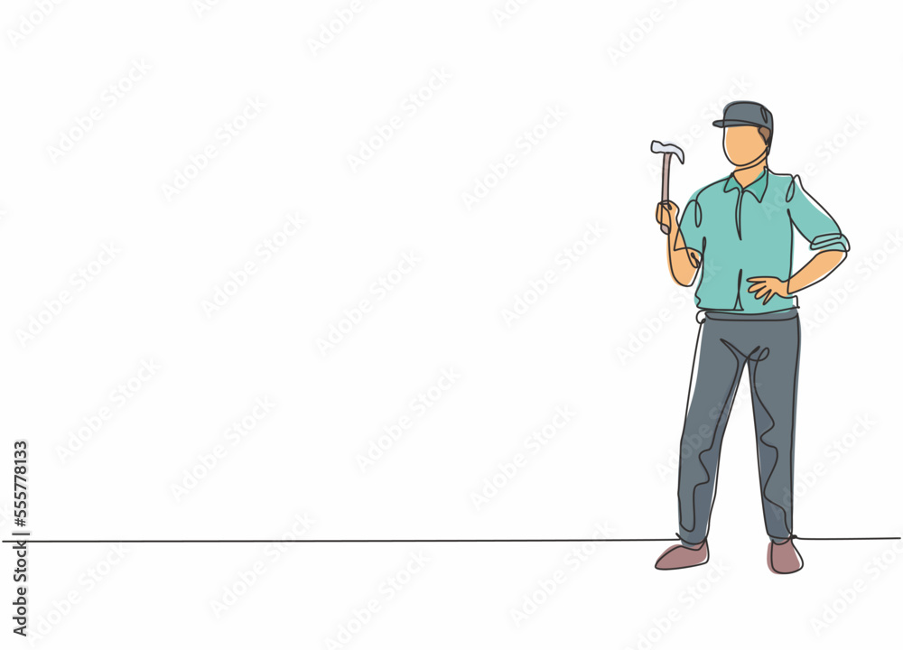 Continuous one line drawing of young handyman holding hammer. Professional job profession minimalist concept. Single line draw design vector graphic illustration Continuous one line drawing of young handyman holding hammer. Professional job profession minimalist concept. Single line draw design vector graphic illustration