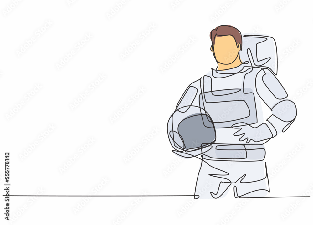 Single continuous line drawing of young male astronaut holding helmet. Professional work job occupation. Minimalism concept one line draw graphic design vector illustration Single continuous line drawing of young male astronaut holding helmet. Professional work job occupation. Minimalism concept one line draw graphic design vector illustration