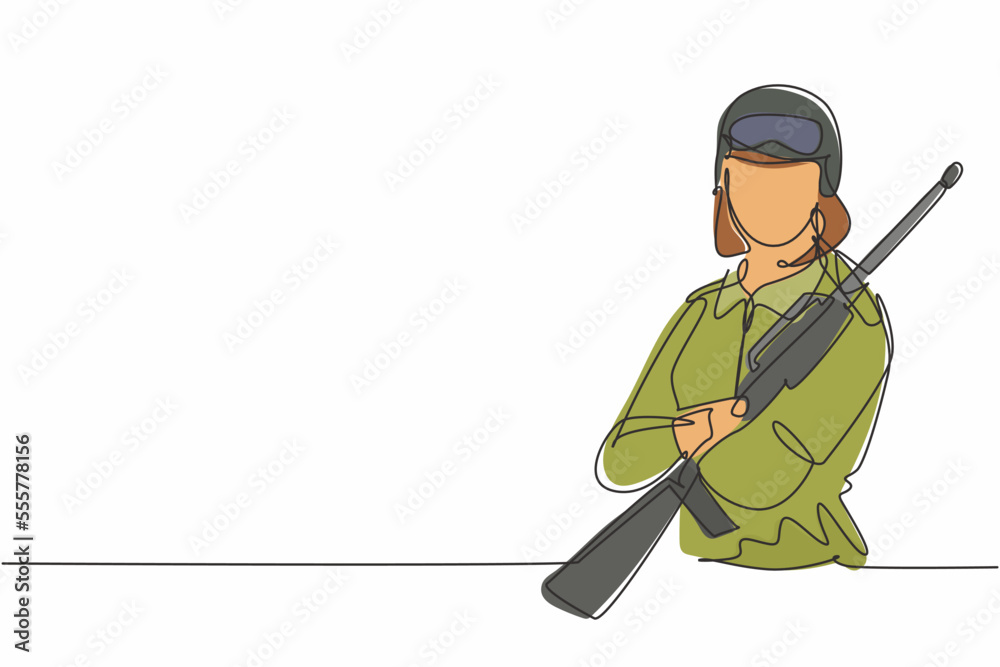 Continuous one line drawing of young female soldier carrying weapon pose cross arms on chest. Professional job profession minimalist concept. Single line draw design vector graphic illustration Continuous one line drawing of young female soldier carrying weapon pose cross arms on chest. Professional job profession minimalist concept. Single line draw design vector graphic illustration