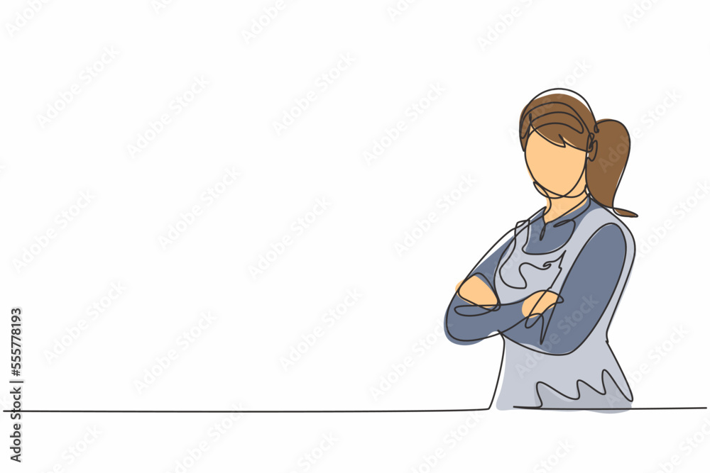 Single one line drawing of young female hotel maid pose cross arms on chest. Professional work profession and occupation minimal concept. Continuous line draw design graphic vector illustration