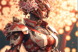 This striking digital artwork showcases a traditional geisha, dressed in a sleek red and ivory mech suit. The complex, futuristic design of the mech exudes a sense of power and technology.