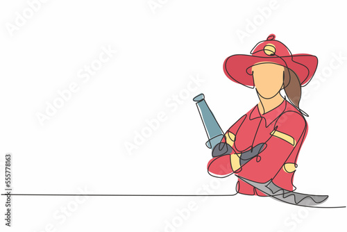 Single one line drawing of young female firefighter holding water nozzle. Professional work profession and occupation minimal concept. Continuous line draw design graphic vector illustration