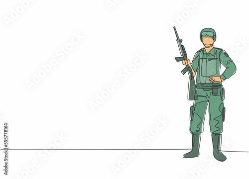 Single continuous line drawing of young male soldier pose standing and holding sniper weapon. Professional work job occupation. Minimalism concept one line draw graphic design vector illustration