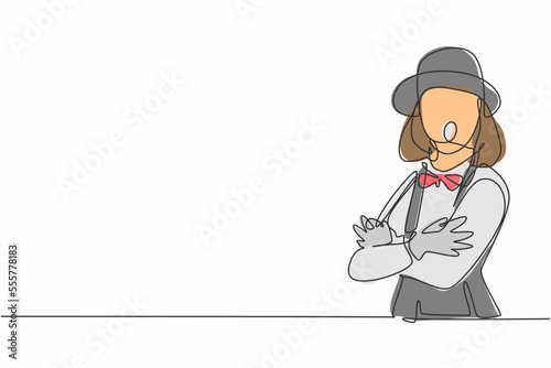 Continuous one line drawing of young female mime artist pose crossed arms on chest before perform. Professional job profession minimalist concept. Single line draw design vector graphic illustration