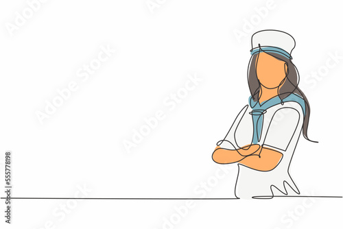 Single one line drawing of young sailor woman with uniform cross arm on chest . Professional work profession and occupation minimal concept. Continuous line draw design graphic vector illustration