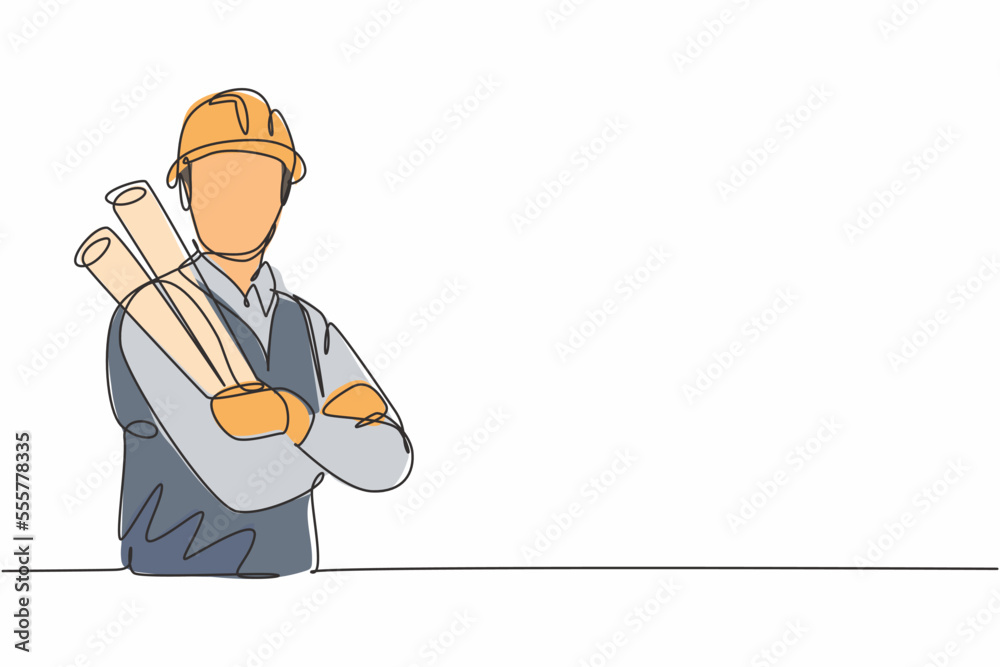 Single one line drawing young male architect cross arm on chest hold blueprint paper. Professional work profession occupation minimal concept. Continuous line draw design graphic vector illustration - obrazy, fototapety, plakaty 