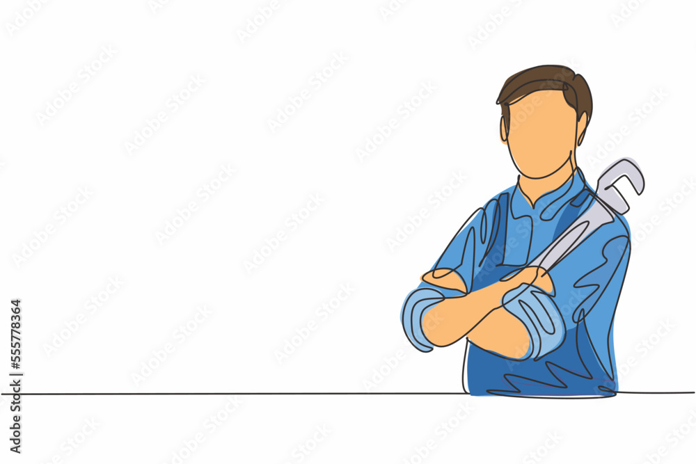 Continuous one line drawing of young male plumber cross his arm on chest while holding pipe wrench. Professional job profession minimalist concept. Single line draw design vector graphic illustration