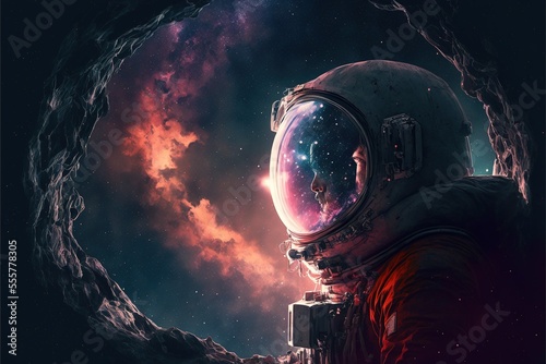 Astronaut on a cold planet in space  snowy mountain landscape. Fantasy space landscape with an astronaut  neon. AI