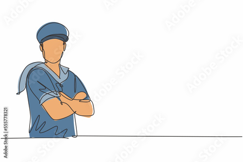 Continuous one line drawing of young sailor man wearing uniform and posing cross arm on chest. Professional job profession minimalist concept. Single line draw design vector graphic illustration