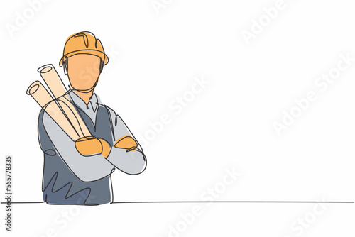 Single one line drawing young male architect cross arm on chest hold blueprint paper. Professional work profession occupation minimal concept. Continuous line draw design graphic vector illustration