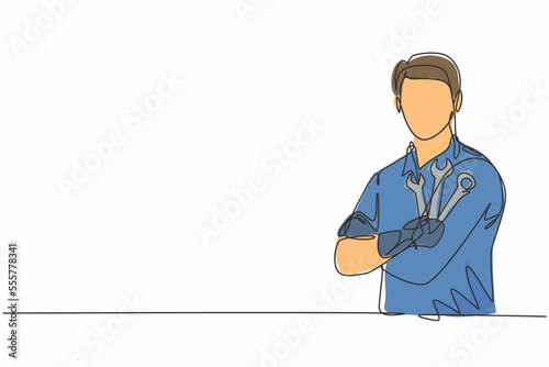 Single one line drawing of young male mechanic posing cross arm on chest. Professional work profession and occupation minimal concept. Continuous line draw design graphic vector illustration
